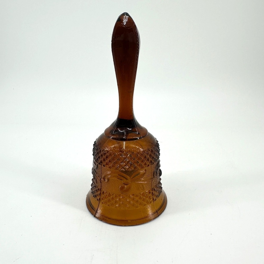VTG Amber Indiana Glass Bell English Diamond Point and Scroll Pattern 6" Tall